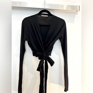 Velvet by Graham & Spencer Black Wrap Tie Top, cropped/hits at waistline.